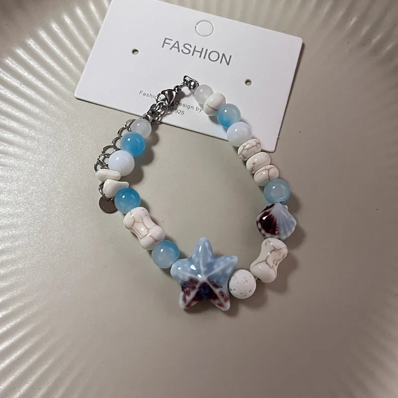 New Cute Geometry Star Conch Ceramic Glass Acrylic Beaded Bracelet Girl Kpop Aesthetic Charm Jewelry Y2K Marine Accessories