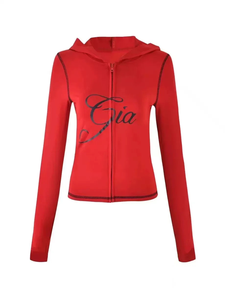 Gia regular shoulder slim-fit letter print topstitch design slim-fit hooded zip-up short jacket and pants set