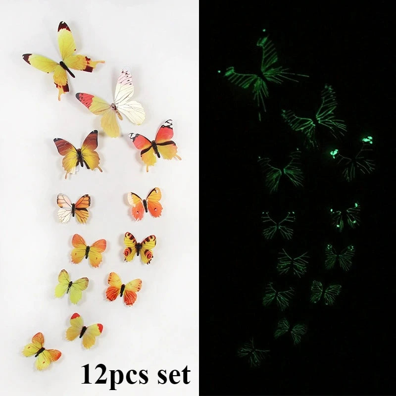 12pcs Glow-in-the-Dark 3D Butterfly Wall Decals UV Activated Luminous Stickers for Bedroom Living Room Nursery Decor