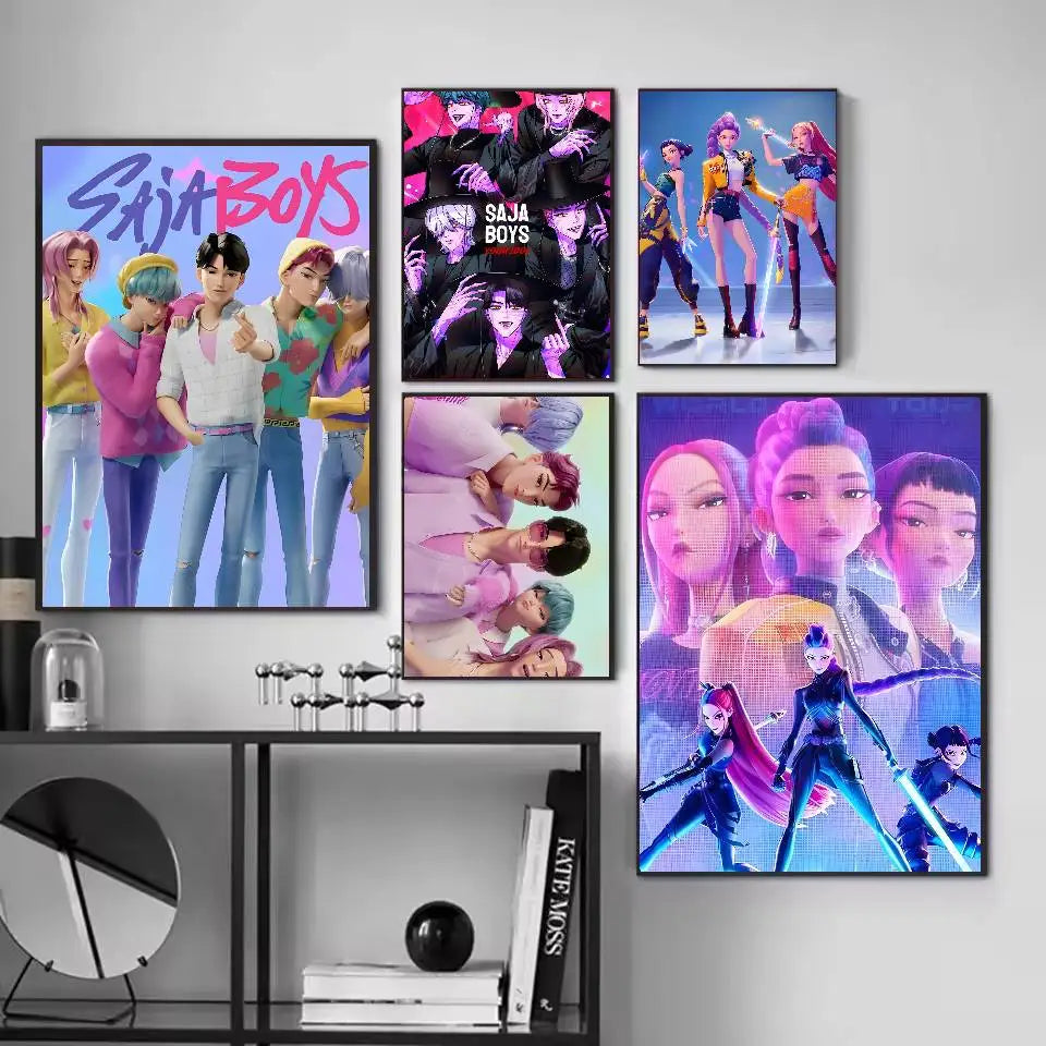 K-KPop D-Demon H-Hunters Sajaboy Poster Self-adhesive Art Waterproof Sticker Coffee House Dorm Room Wall Decor