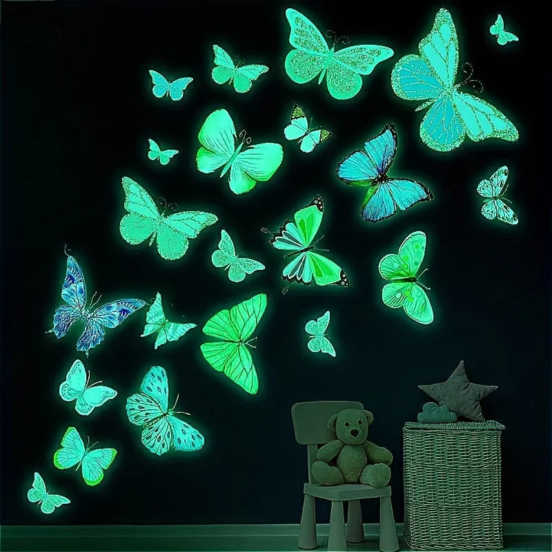 12pcs Glow-in-the-Dark 3D Butterfly Wall Decals UV Activated Luminous Stickers for Bedroom Living Room Nursery Decor