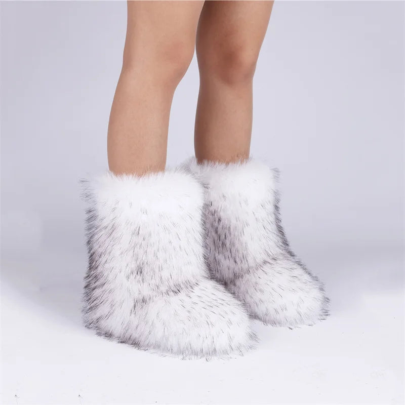 Faux Fur Boots for Women Furry Fuzzy Fluffy Mid Calf Snow Boots Ladies Winter Warm Short Outdoor Indoor Shoes Women's Boots