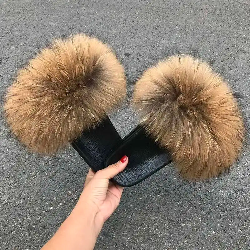 Real Raccoon Fur Slippers For Women 2023 Summer Fluffy Indoor House Fuzzy Flat Slides Outdoor Fashion Beach Sandals Flip Flops