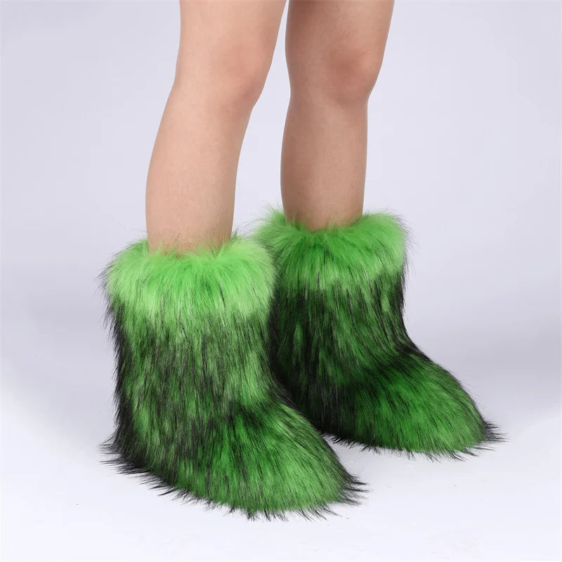 Faux Fur Boots for Women Furry Fuzzy Fluffy Mid Calf Snow Boots Ladies Winter Warm Short Outdoor Indoor Shoes Women's Boots