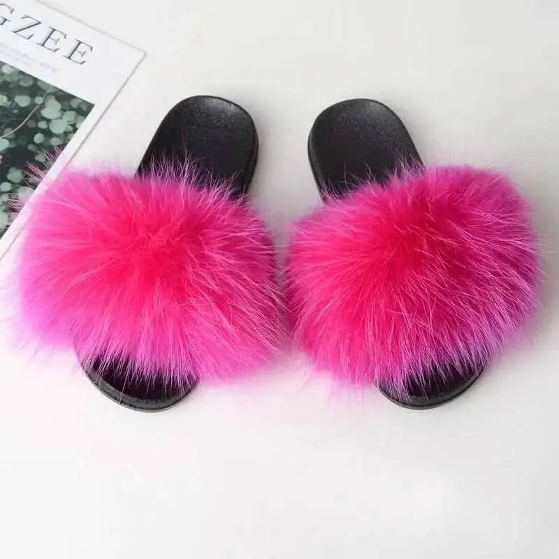 Real Raccoon Fur Slippers For Women 2023 Summer Fluffy Indoor House Fuzzy Flat Slides Outdoor Fashion Beach Sandals Flip Flops