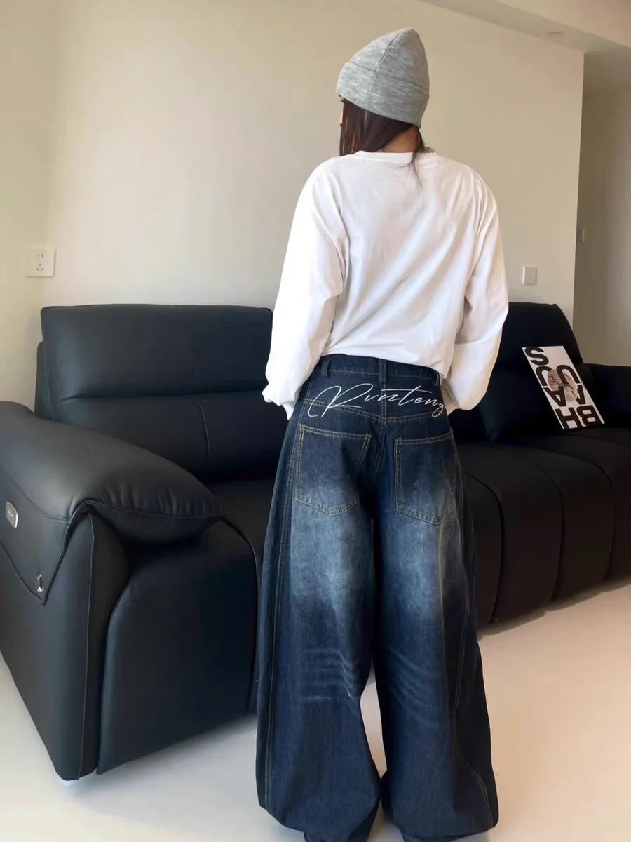 Ladies Y2K High Waist Slimming Wide Leg Elastic Jeans Loose Fit Versatile Women's Denim Pants Fashionable plus Size