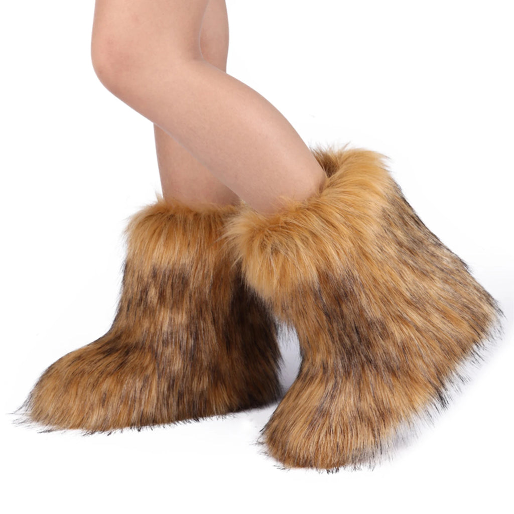 Faux Fur Boots for Women Furry Fuzzy Fluffy Mid Calf Snow Boots Ladies Winter Warm Short Outdoor Indoor Shoes Women's Boots