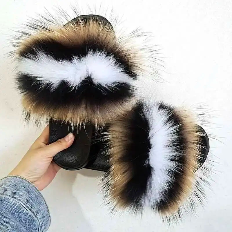 Real Raccoon Fur Slippers For Women 2023 Summer Fluffy Indoor House Fuzzy Flat Slides Outdoor Fashion Beach Sandals Flip Flops