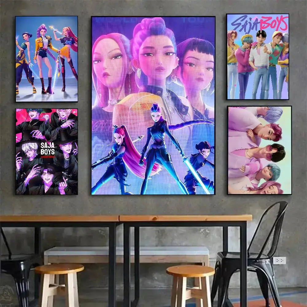 K-KPop D-Demon H-Hunters Sajaboy Poster Self-adhesive Art Waterproof Sticker Coffee House Dorm Room Wall Decor