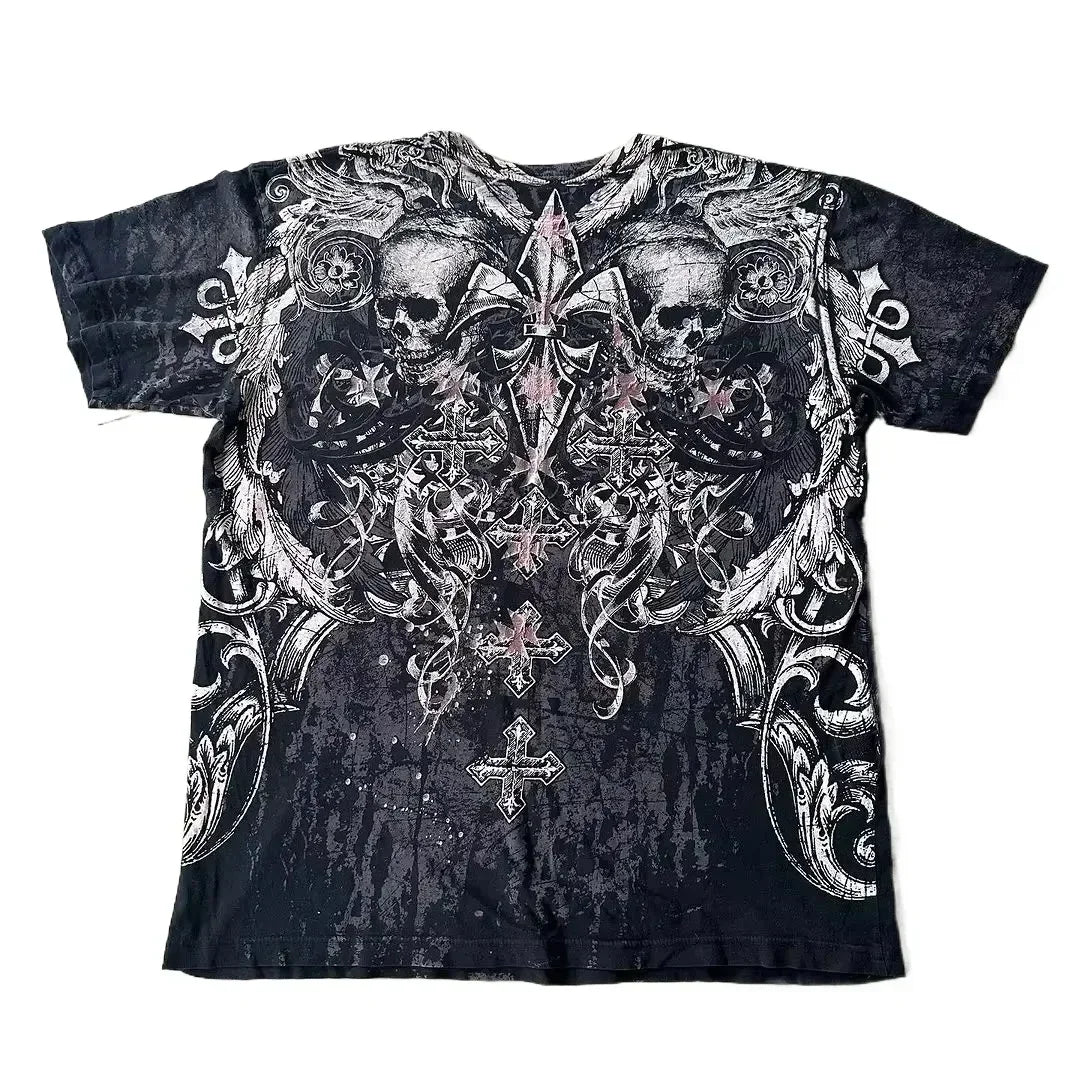 Y2K American Skull Pattern Long Sleeved T Shirt Fashion Round Neck Oversized T Shirt New Mens Womens Casual Gothic Clothing Tops