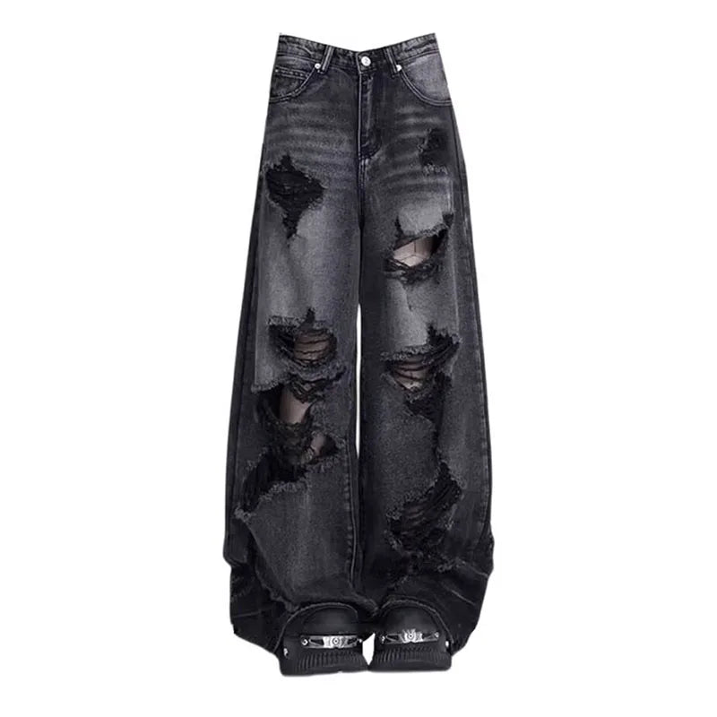 High Street Vintage Black Ripped Jeans Fashion Wide Leg Pants Women'S High Waisted Straight Leg Pants Baggy Pants Y2k Jeans
