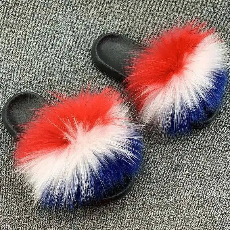 Real Raccoon Fur Slippers For Women 2023 Summer Fluffy Indoor House Fuzzy Flat Slides Outdoor Fashion Beach Sandals Flip Flops