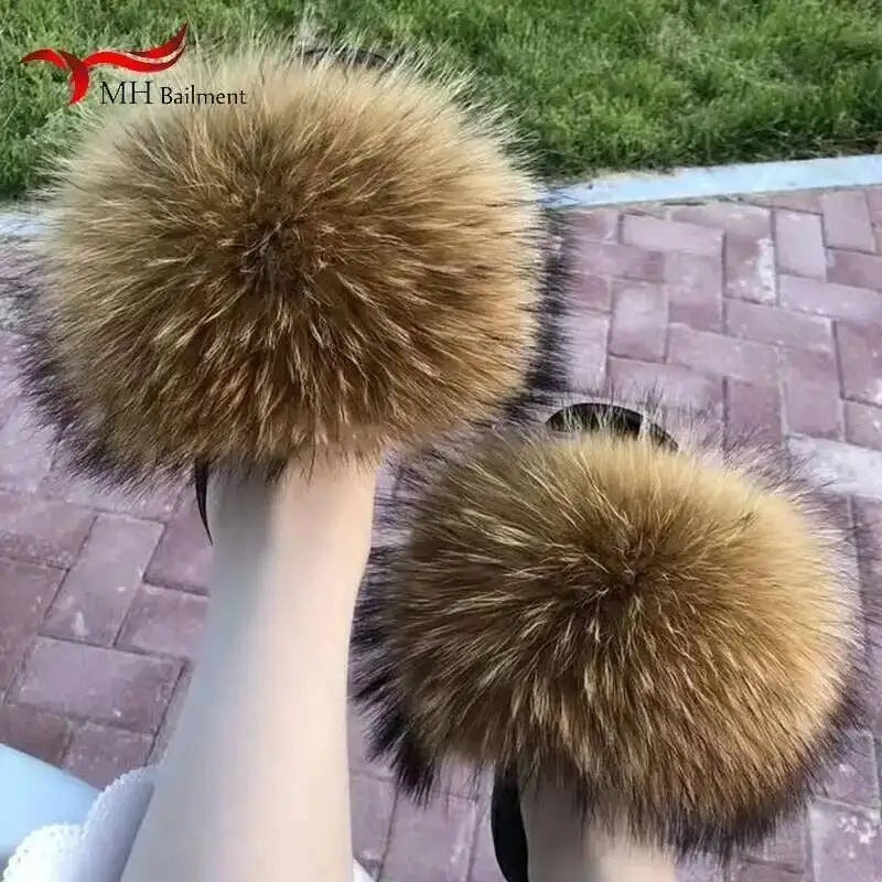 Real Raccoon Fur Slippers For Women 2023 Summer Fluffy Indoor House Fuzzy Flat Slides Outdoor Fashion Beach Sandals Flip Flops