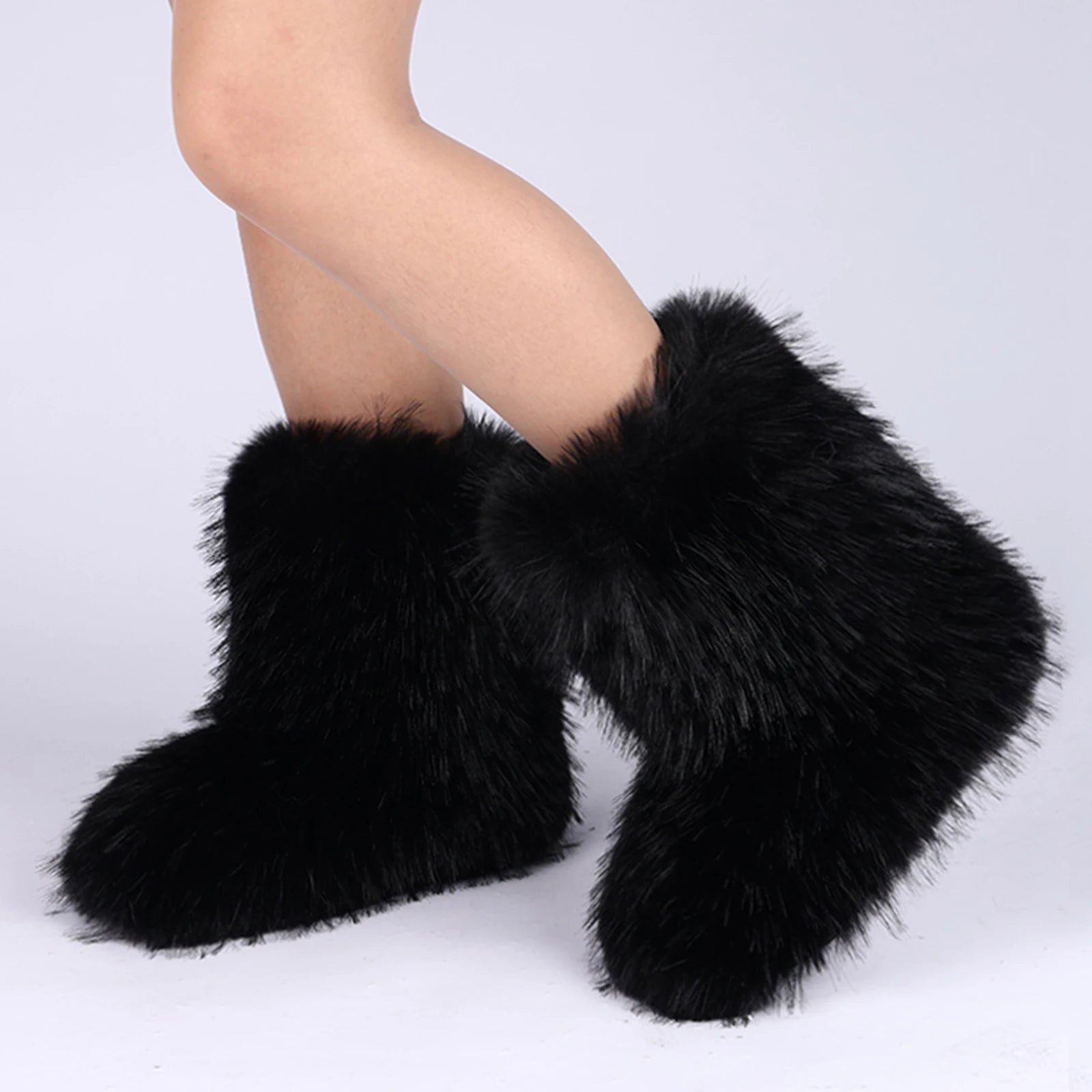 Faux Fur Boots for Women Furry Fuzzy Fluffy Mid Calf Snow Boots Ladies Winter Warm Short Outdoor Indoor Shoes Women's Boots