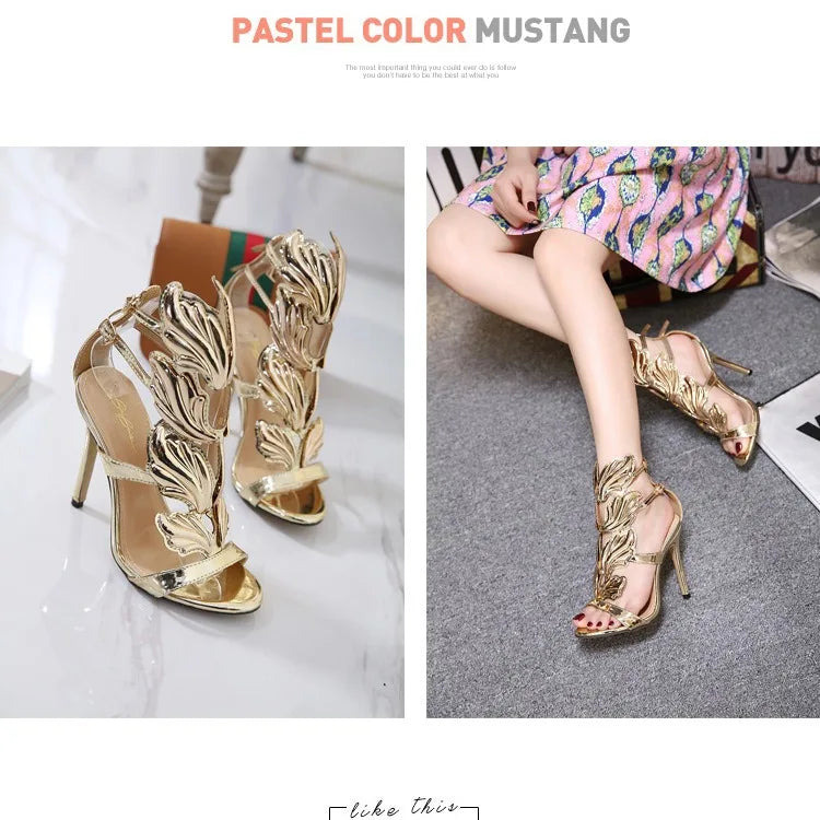 Stunning Gold High - Heel Open - Toe Sandals: Elegant Leaf Detailing, Perfect for Summer Evenings and Parties