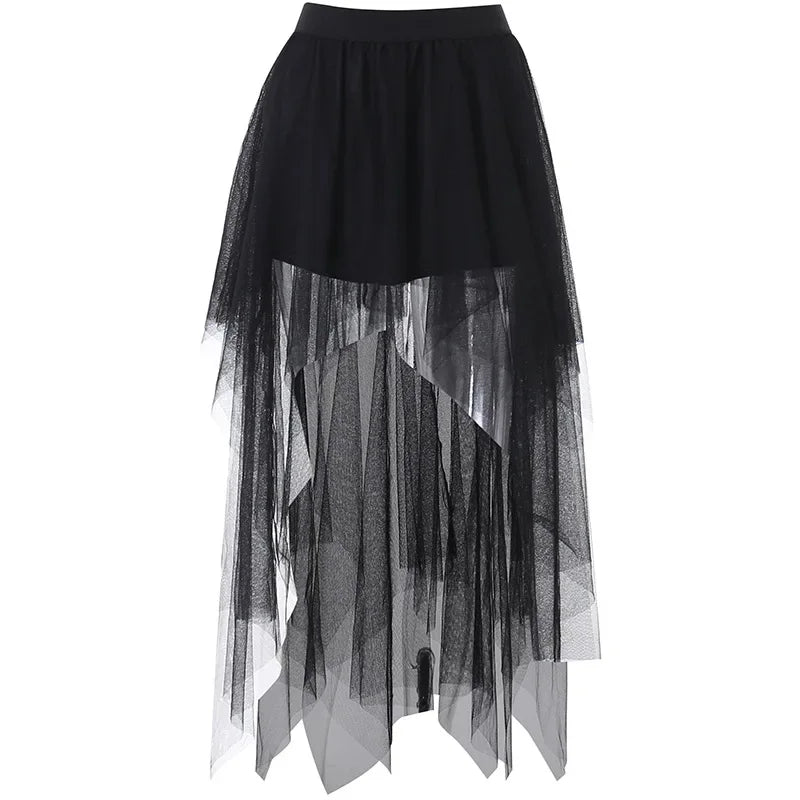 Fashion Net Yarn High-Waisted Irregular Skirt for Women Gothic Style Summer Casual Skirt Sexy and Charming Goth