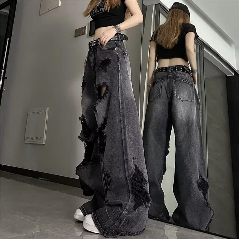 High Street Vintage Black Ripped Jeans Fashion Wide Leg Pants Women'S High Waisted Straight Leg Pants Baggy Pants Y2k Jeans