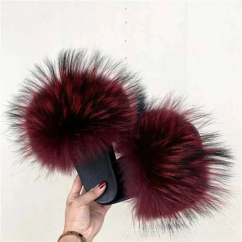 Real Raccoon Fur Slippers For Women 2023 Summer Fluffy Indoor House Fuzzy Flat Slides Outdoor Fashion Beach Sandals Flip Flops