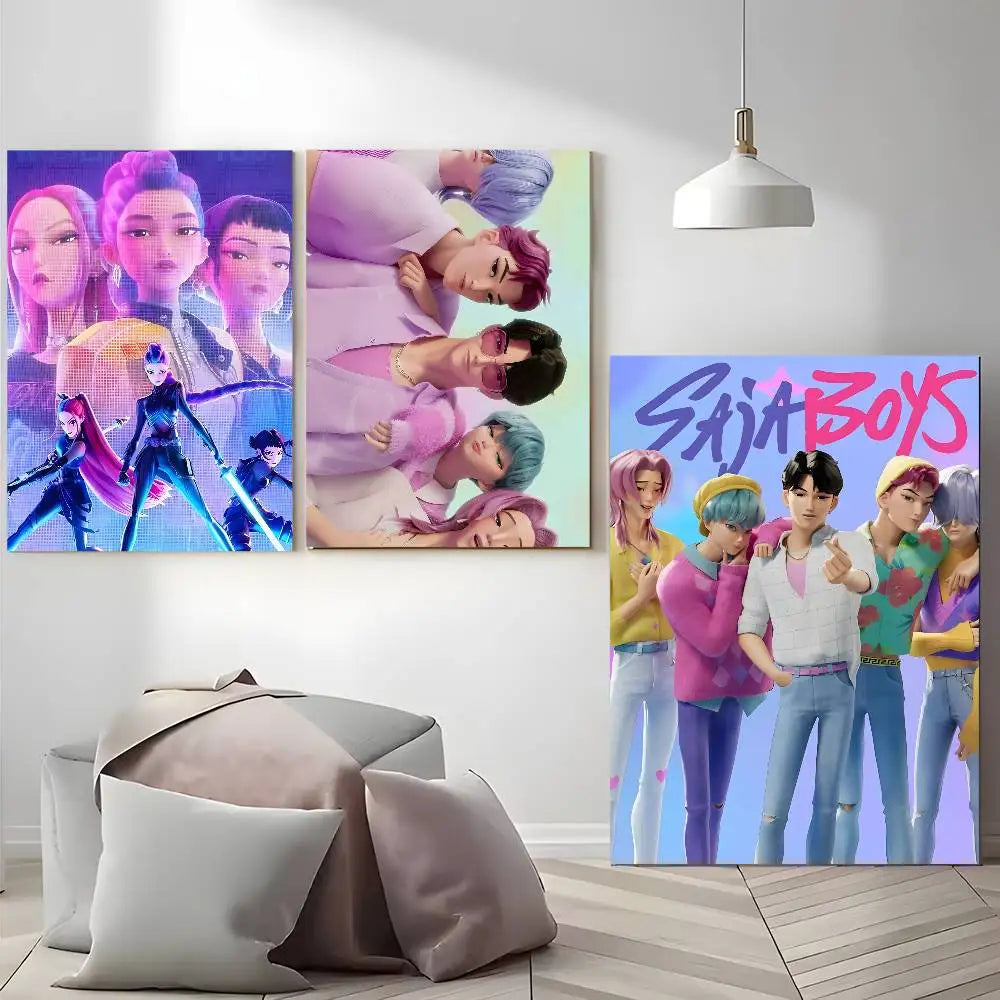 K-KPop D-Demon H-Hunters Sajaboy Poster Self-adhesive Art Waterproof Sticker Coffee House Dorm Room Wall Decor