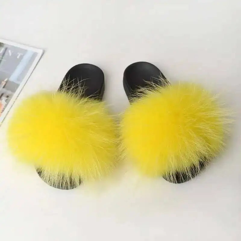 Real Raccoon Fur Slippers For Women 2023 Summer Fluffy Indoor House Fuzzy Flat Slides Outdoor Fashion Beach Sandals Flip Flops