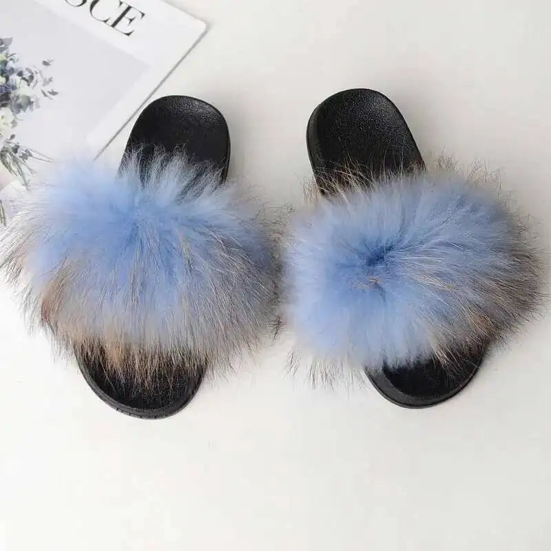 Real Raccoon Fur Slippers For Women 2023 Summer Fluffy Indoor House Fuzzy Flat Slides Outdoor Fashion Beach Sandals Flip Flops