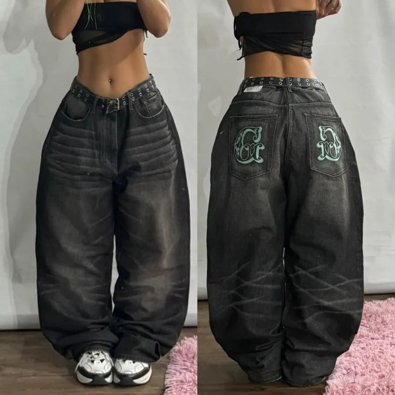American New Fashion Geometric Pattern Embroidered Baggy Jeans Women Y2K Harajuku Vintage Hip-hop Popular Casual Wide-leg Pants