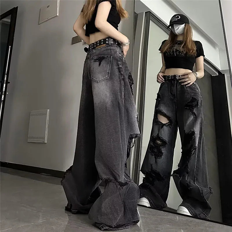 High Street Vintage Black Ripped Jeans Fashion Wide Leg Pants Women'S High Waisted Straight Leg Pants Baggy Pants Y2k Jeans