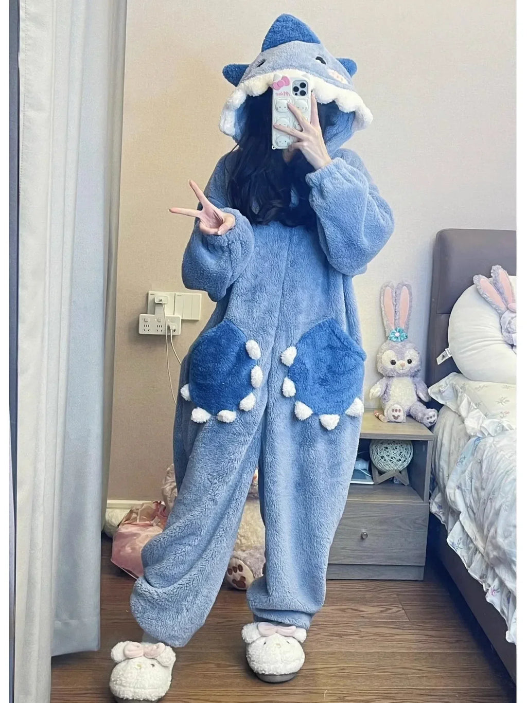 Blue Shark One-piece Pajamas Anime  Cosplay Costumes Winter Coral Fleece Warm Hooded Nightgown Full Zipper Thick Onesies