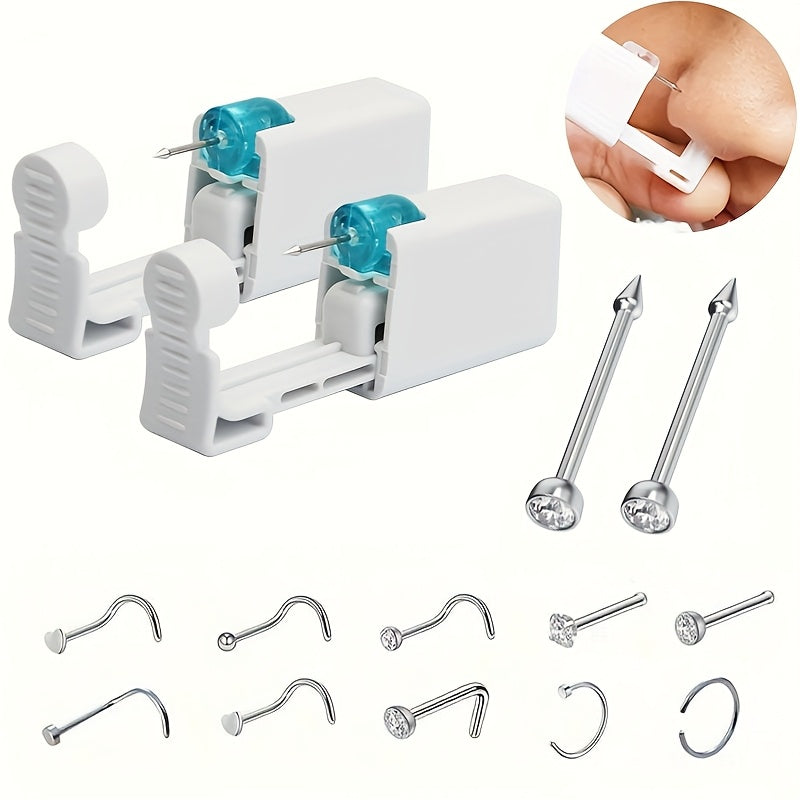 12pcs Nose Piercing Kit/Disposable Safe Piercing Unit/Self-use Nose Stud with Built-in Transparent Stone/Stainless Steel Nose Stud Size 2.0/Includes 10 Hypoallergenic Nose Rings/Safe and Piercing