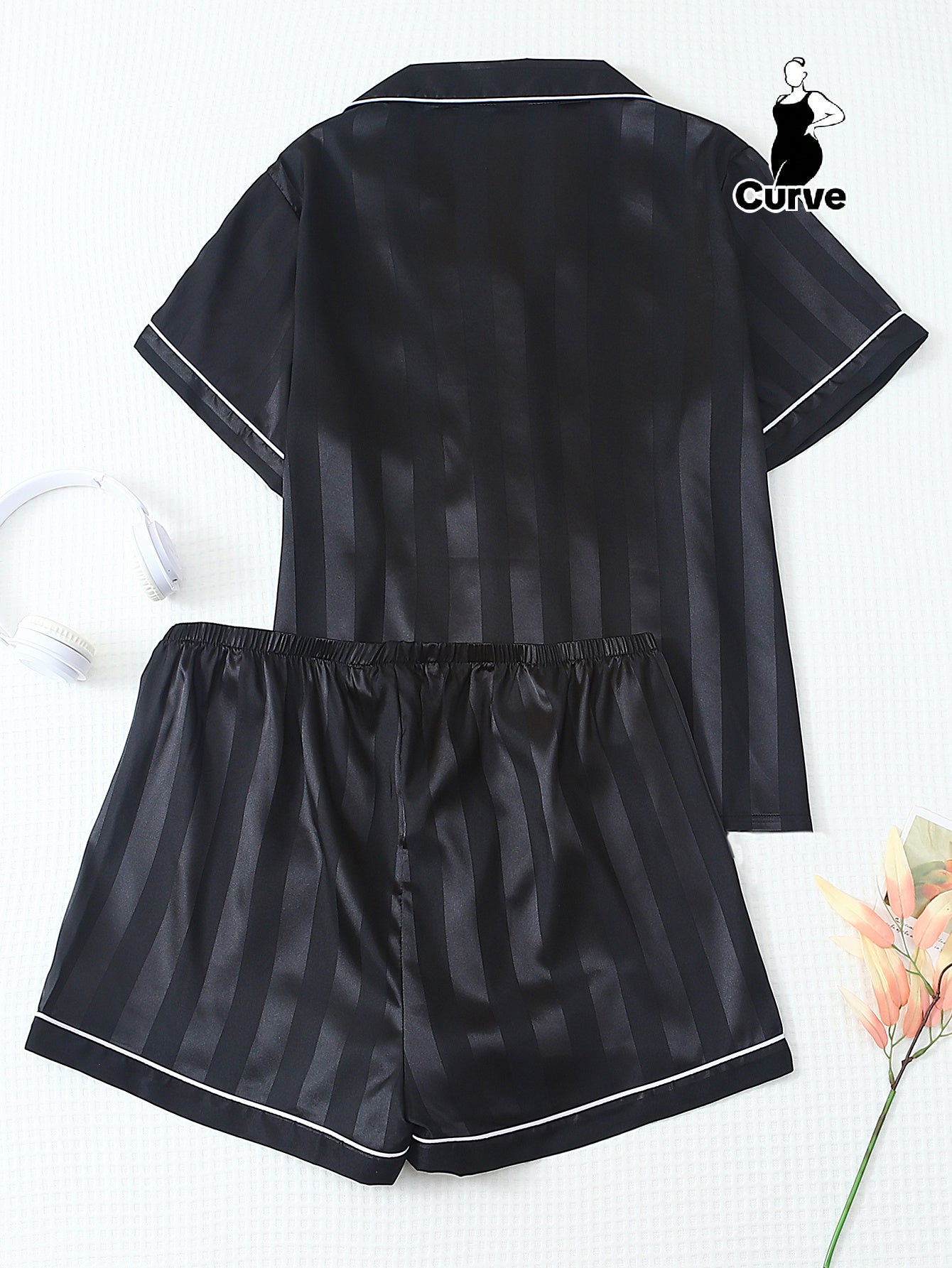 [Women's Pajama Set] Two-Piece Solid Color Satin Plus Size Striped Summer Short Sleeve Lapel Top and Bow Shorts Women's Pajama Set