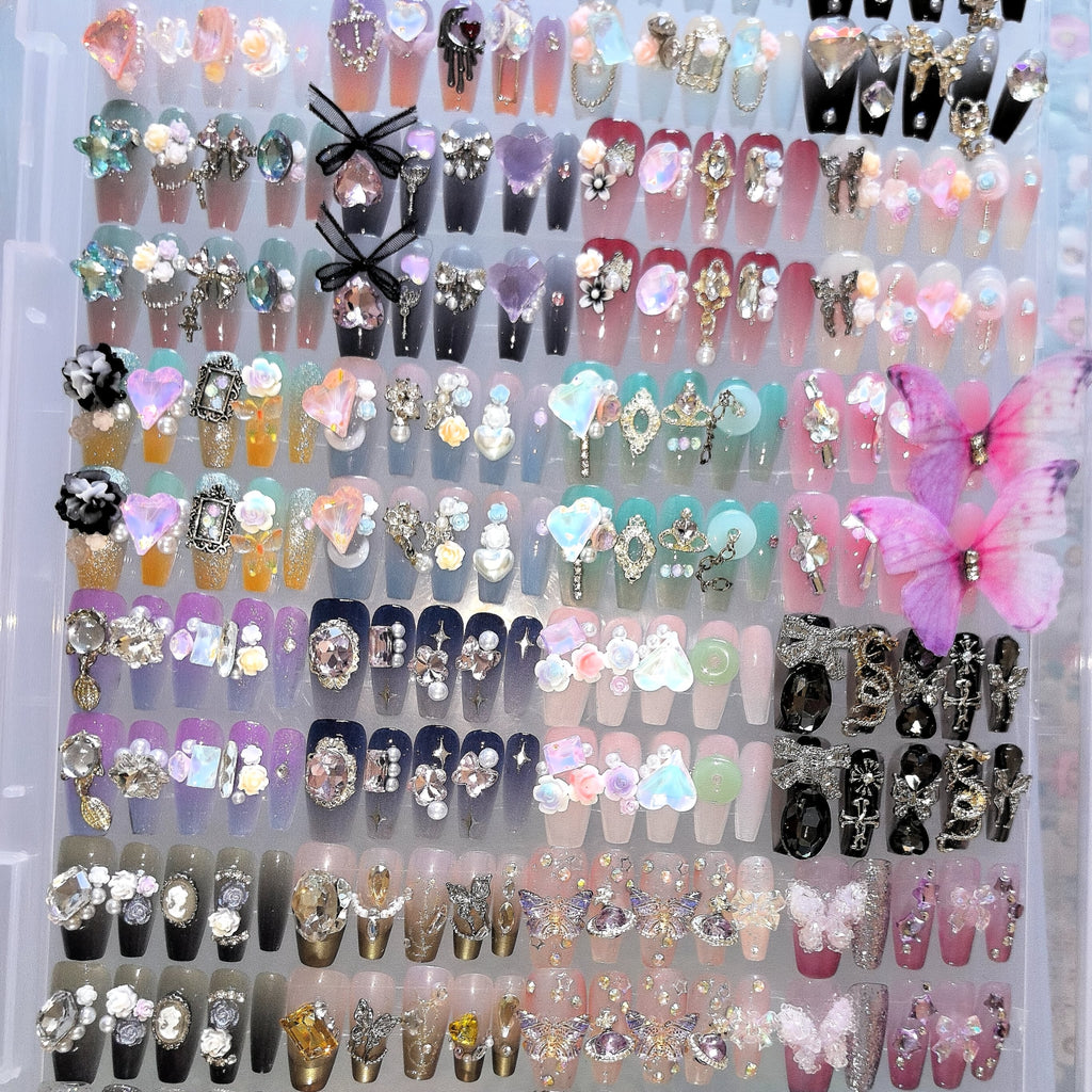 144pcs Multi-Style Handmade False Nail Set | Featuring Various Nail Art Styles, Suitable For Women And, Trendy Women, Perfect For Daily Use And Parties, Made of ABS, Mixed Color System, Square Shape, Middle Length, Glossy End