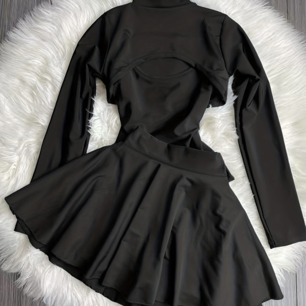 Y2K Casual Elegance for Ladies, Comfortable Three-Piece Set, Long-Sleeved Short Round-Neck Shawl Cardigan & Suspender Slim Vest & High-Waisted A-Line Short Skirt, 3pcs Set